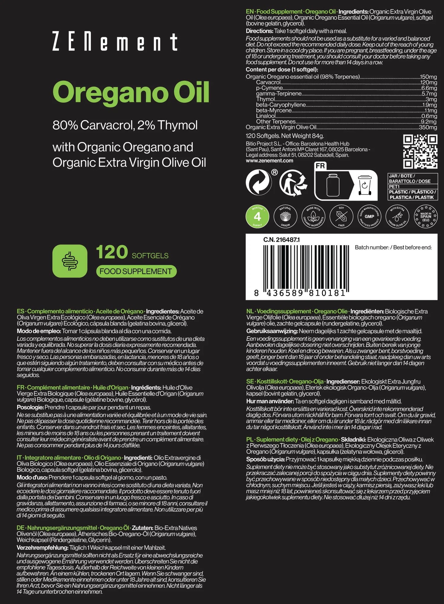 Aceite de Orégano 150mg - 120 cápsulas Zenement