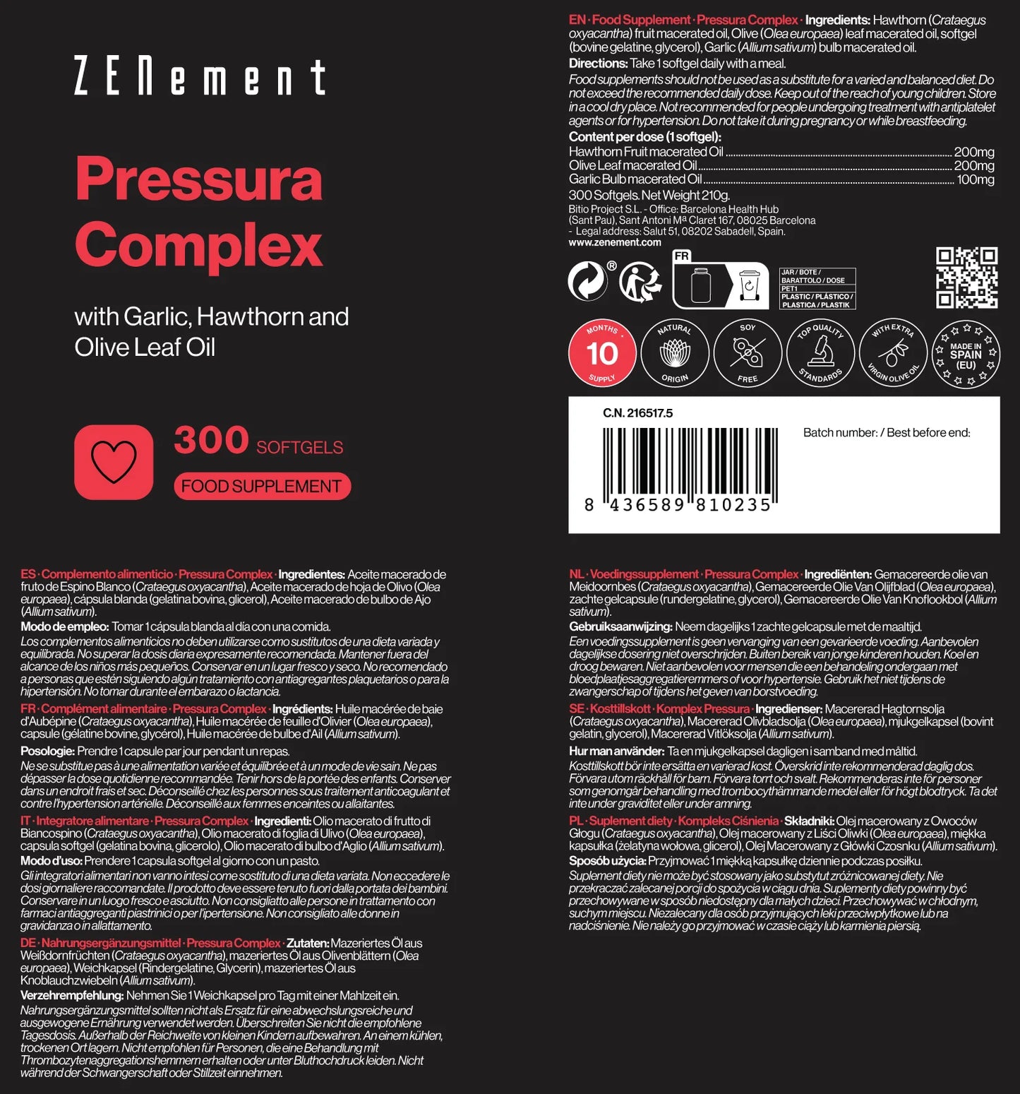Pressura Complex con Aceite de Ajo, Espino Blanco y Hojas de Olivo - 300 Softgels
