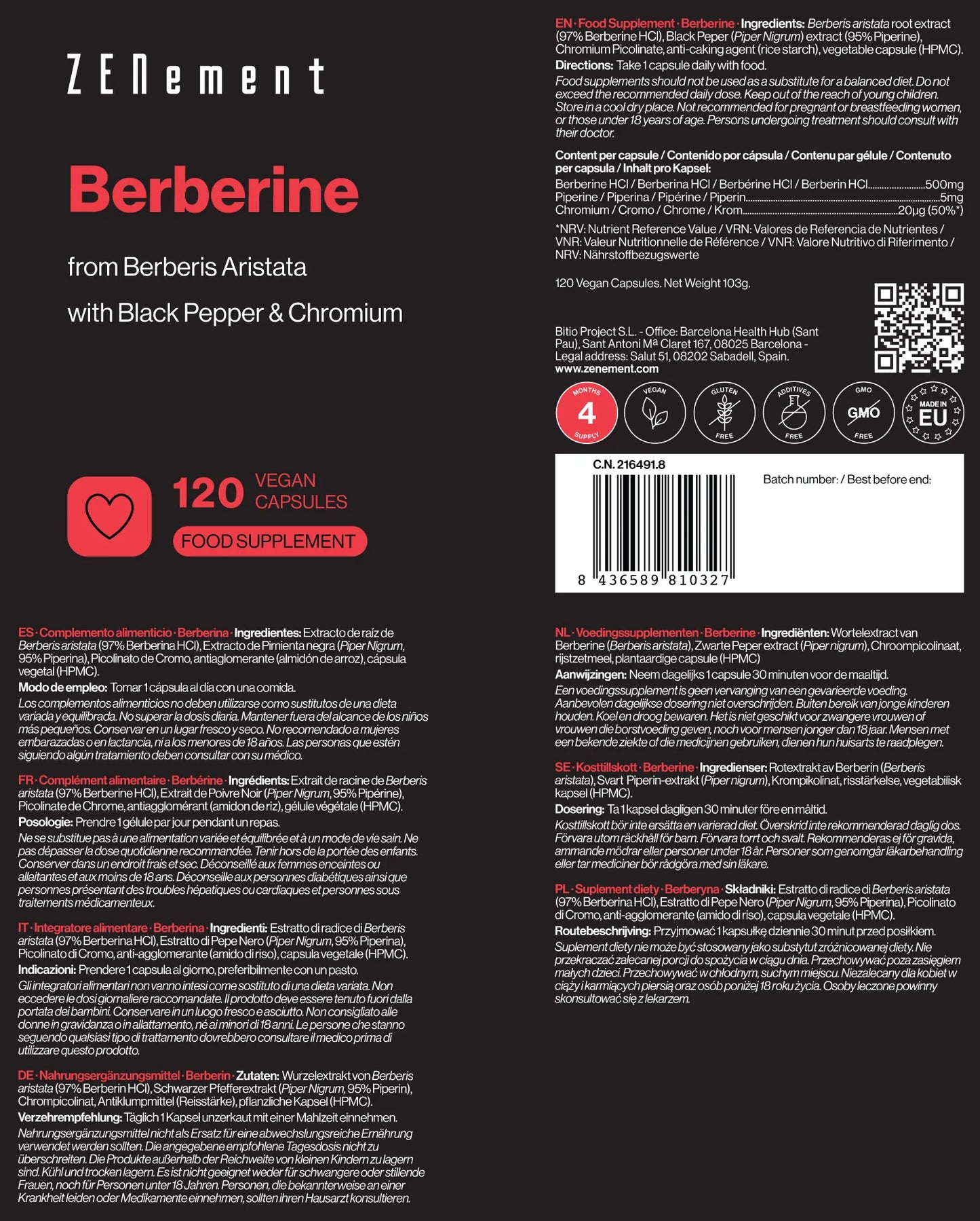 Berberina 500 mg - 120 Cápsulas