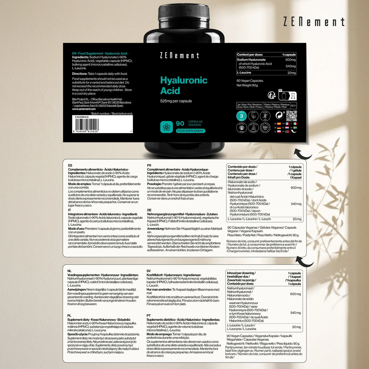 Ácido Hialurónico 525mg - 120 cápsulas Zenement