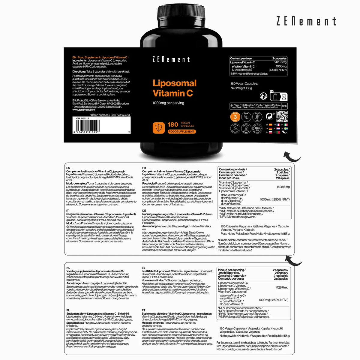 Vitamina C Liposomal 1000mg - 180 cápsulas Zenement