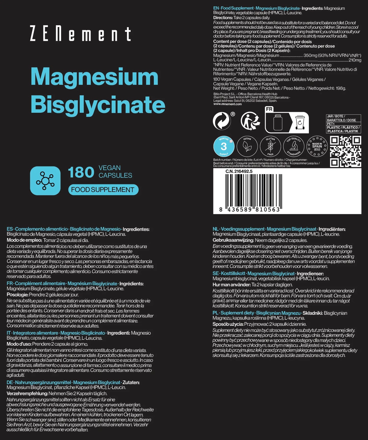 Bisglicinato de Magnesio - 180 Cápsulas