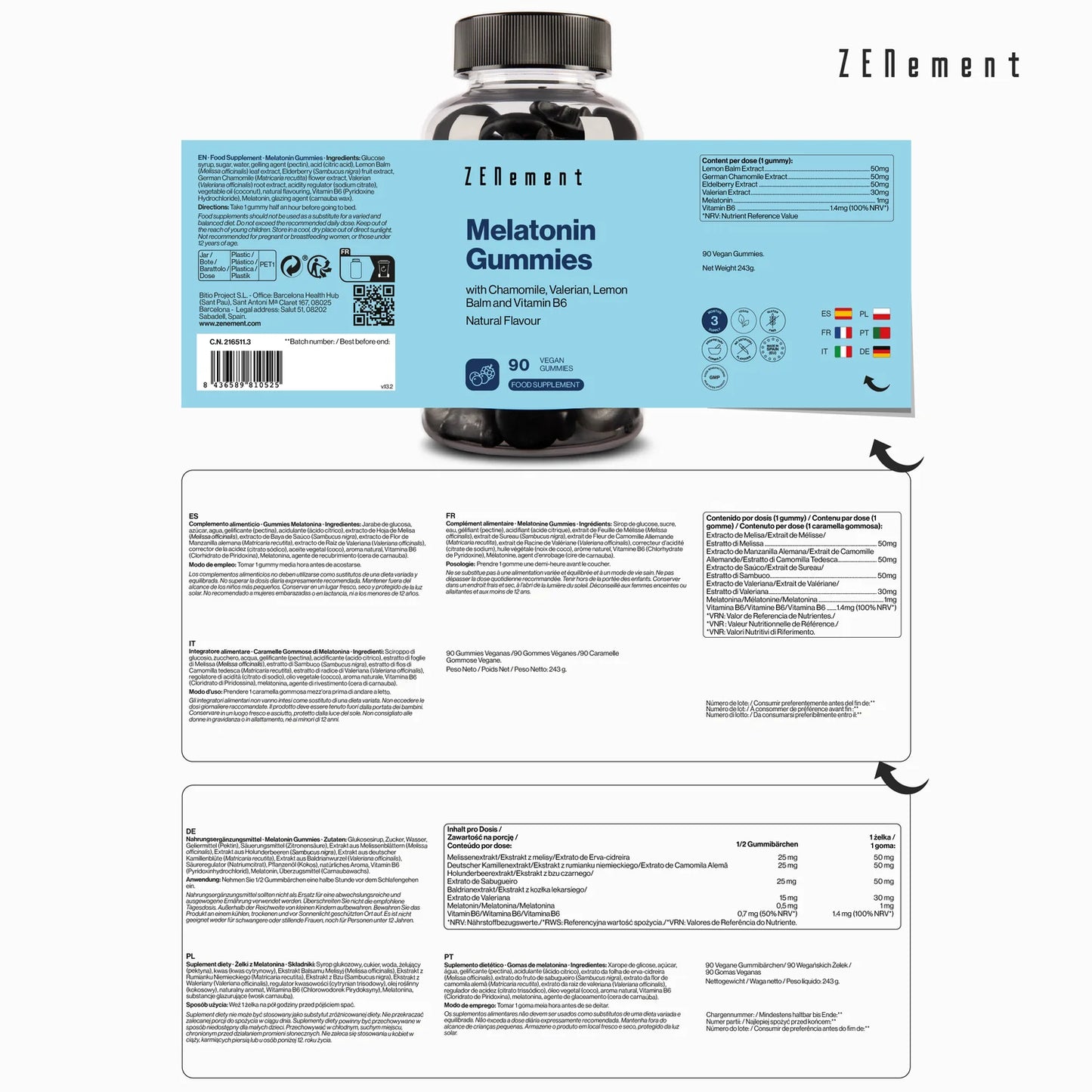 Melatonina gominolas con Camomila, Valeriana, Melisa y Vitamina B6 - 90 Gummies