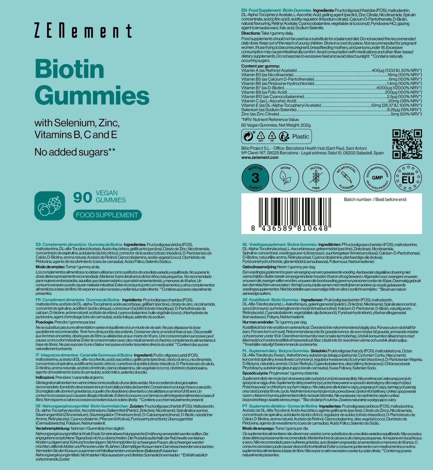 Biotina Gummies con Selenio, Zinc, Vitaminas B, C y E - Zenement