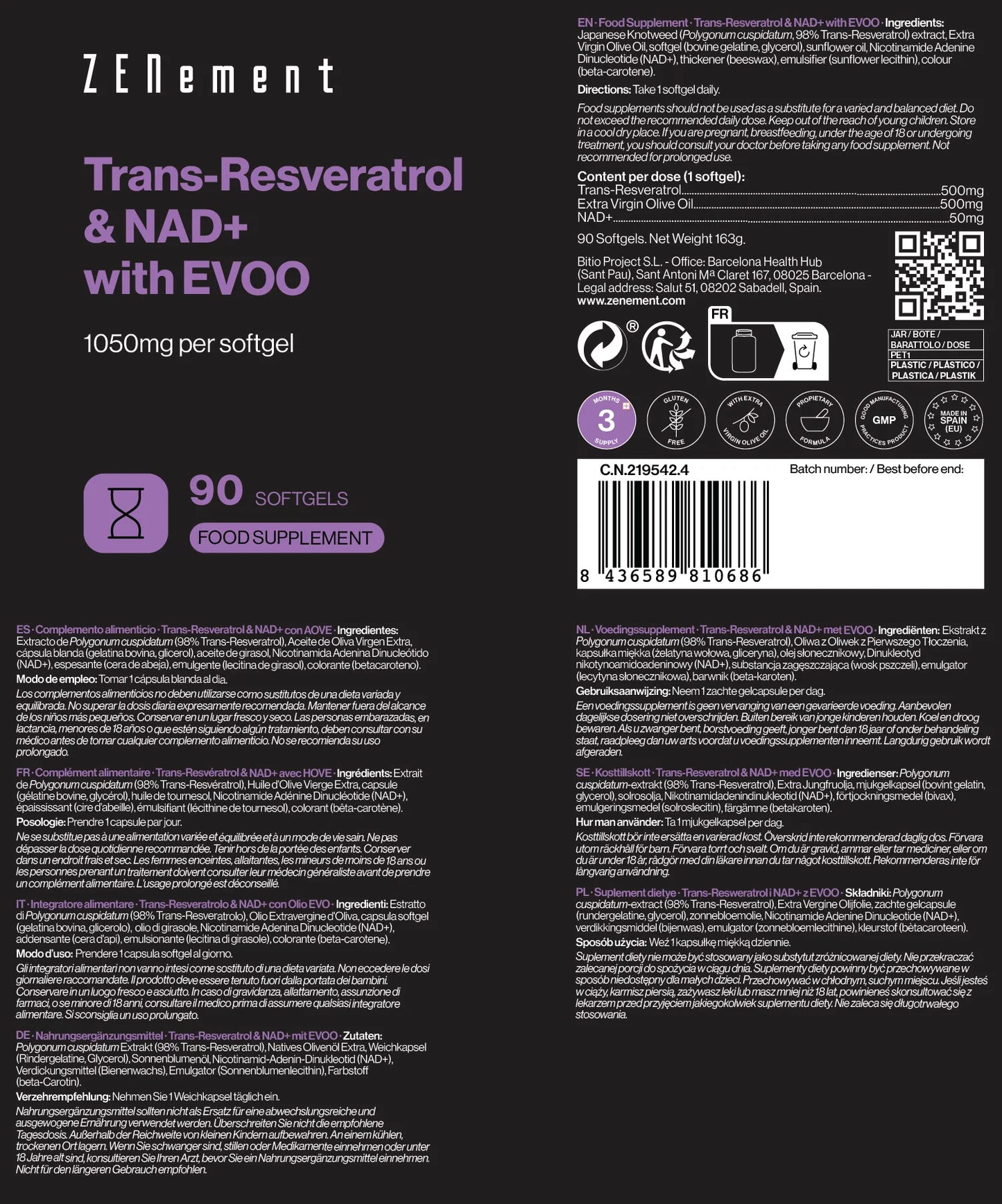 Trans-Resveratrol+NAD con AOVE 1055 - 90 cápsulas Zenement