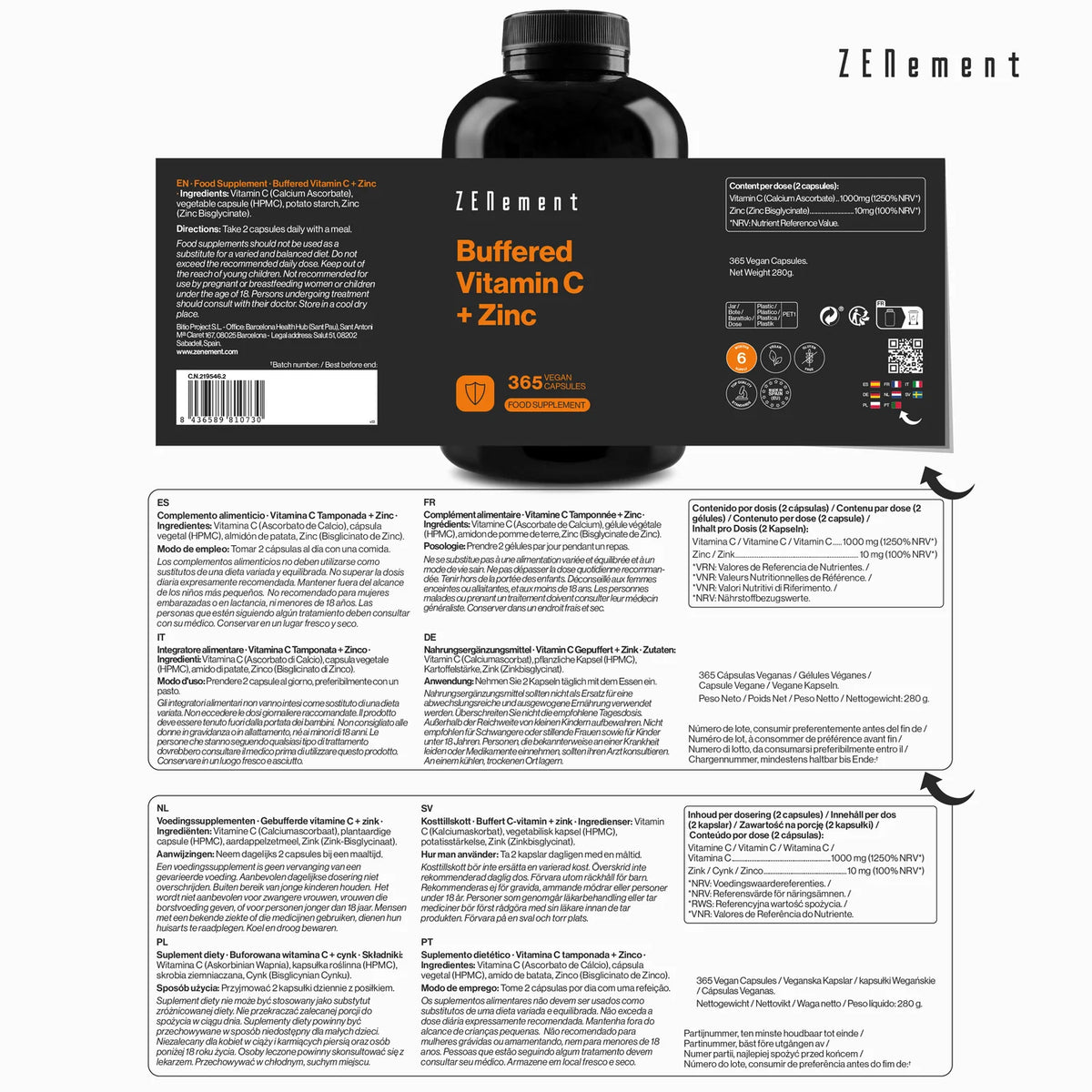 Vitamina C Tamponada + Zinc - 365 cápsulas Zenement
