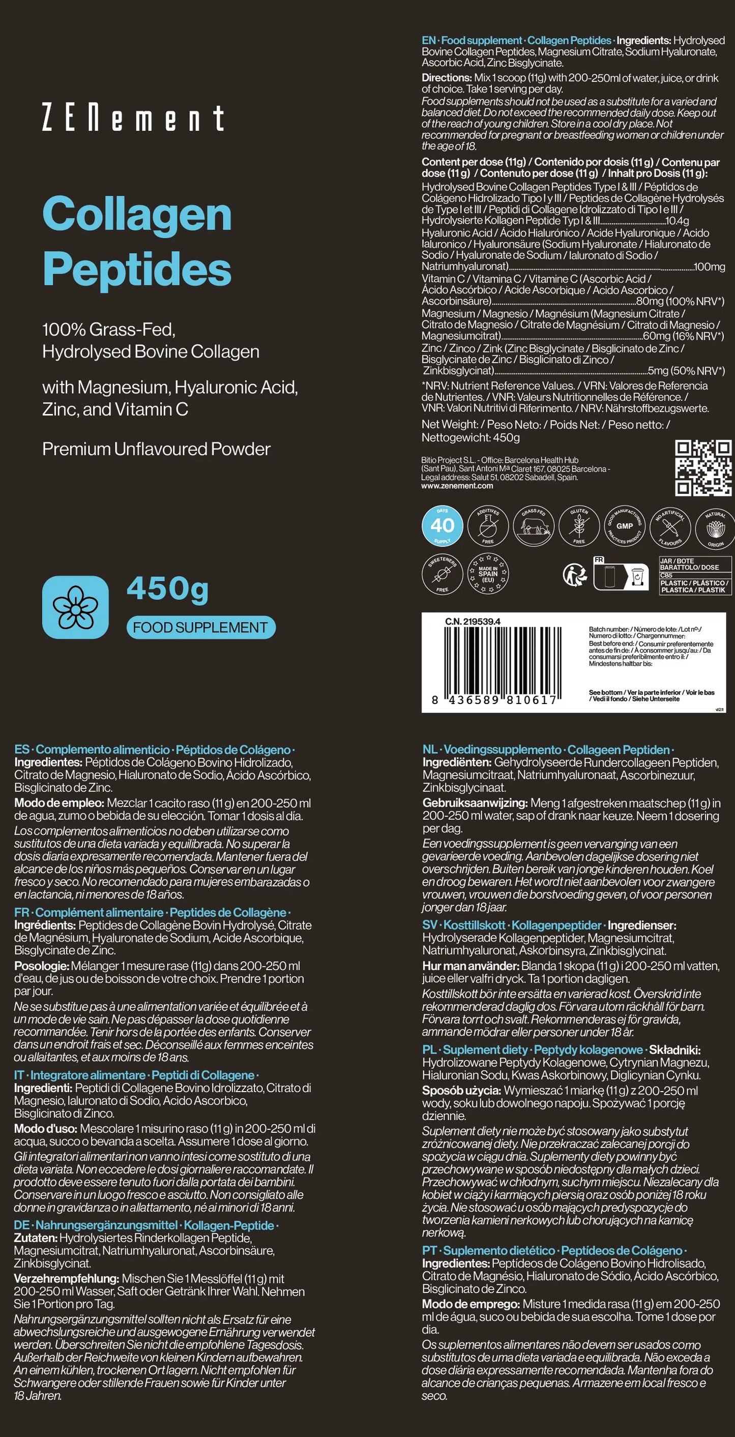 Péptidos de colágeno con magnesio, ácido hialurónico, zinc y vitamina C - 450g