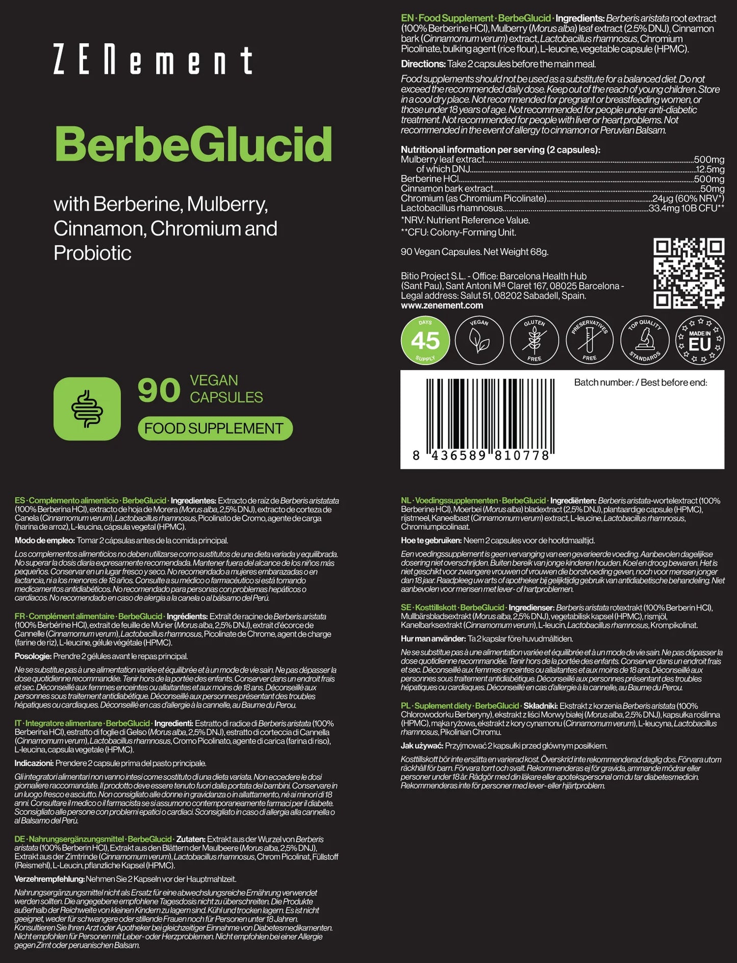 BerbeGlucid con Berberina, Morera, Canela, Cromo y Probiótico - 90 Cápsulas Veganas