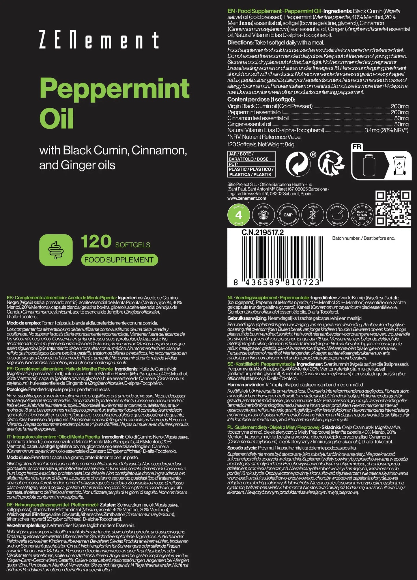 Aceite de Menta Piperita con Aceites de Comino Negro, Canela y Jengibre - 120 Cápsulas blandas