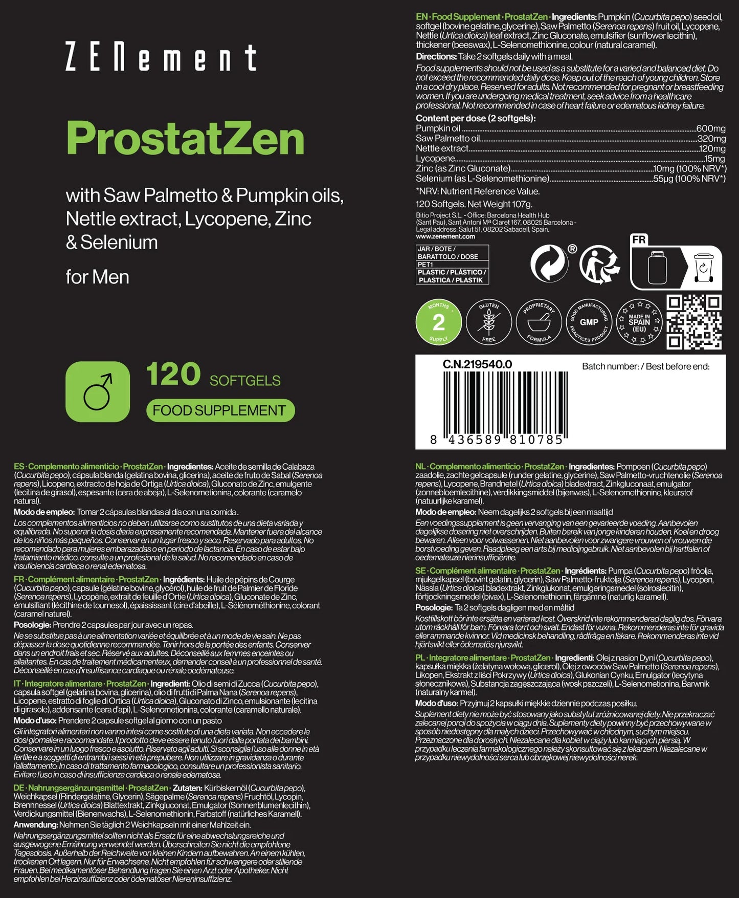 Prostatzen con Aceites de Sabal y Calabaza, Ortiga, Licopeno, Zinc y Selenio - 120 cápsulas Zenement