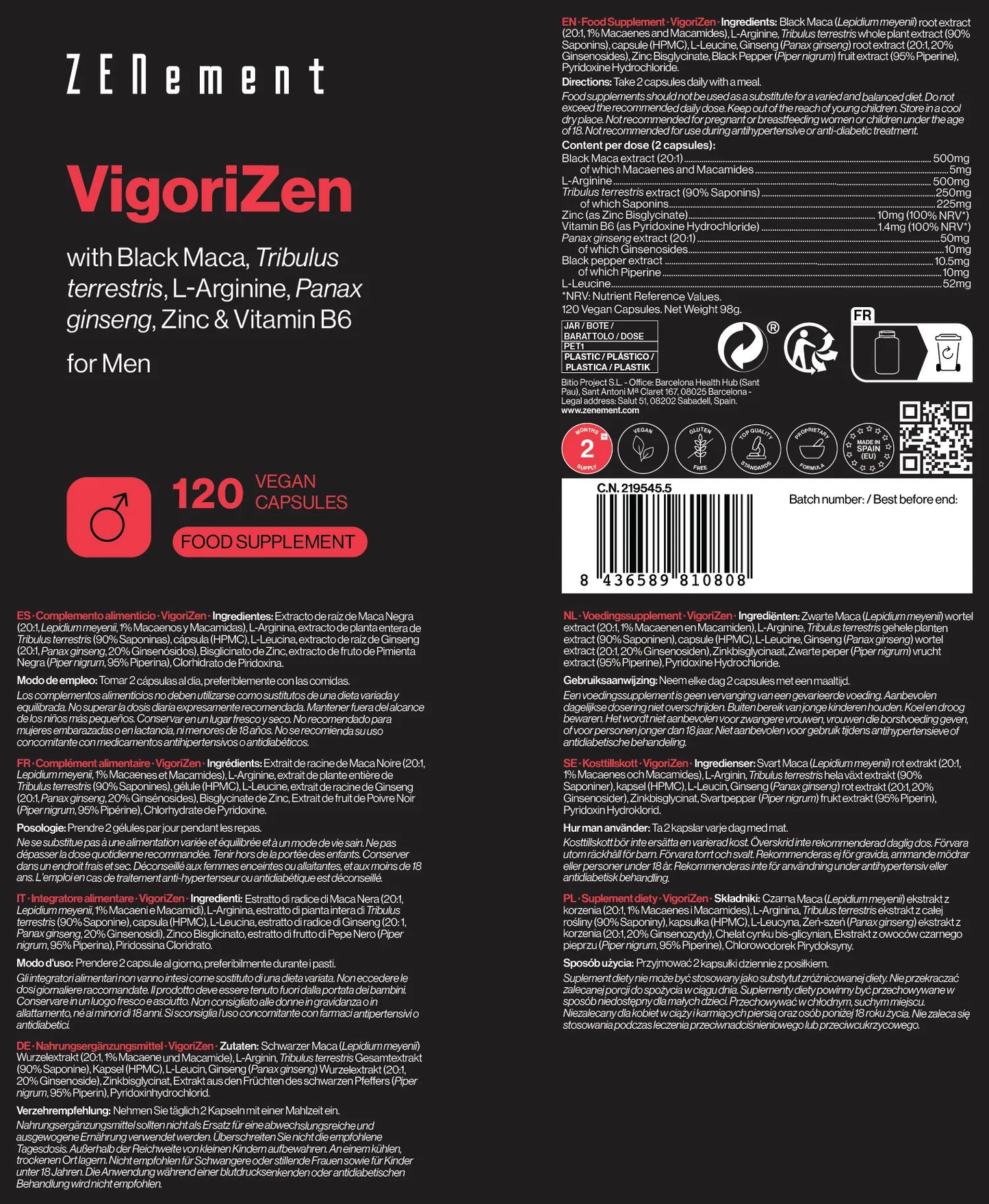 Vigorizen con Maca Negra, Tribulus Terrestris, L-Arginina, Panax Ginseng, Zinc y Vitamina B6 - 120 cápsulas Zenement