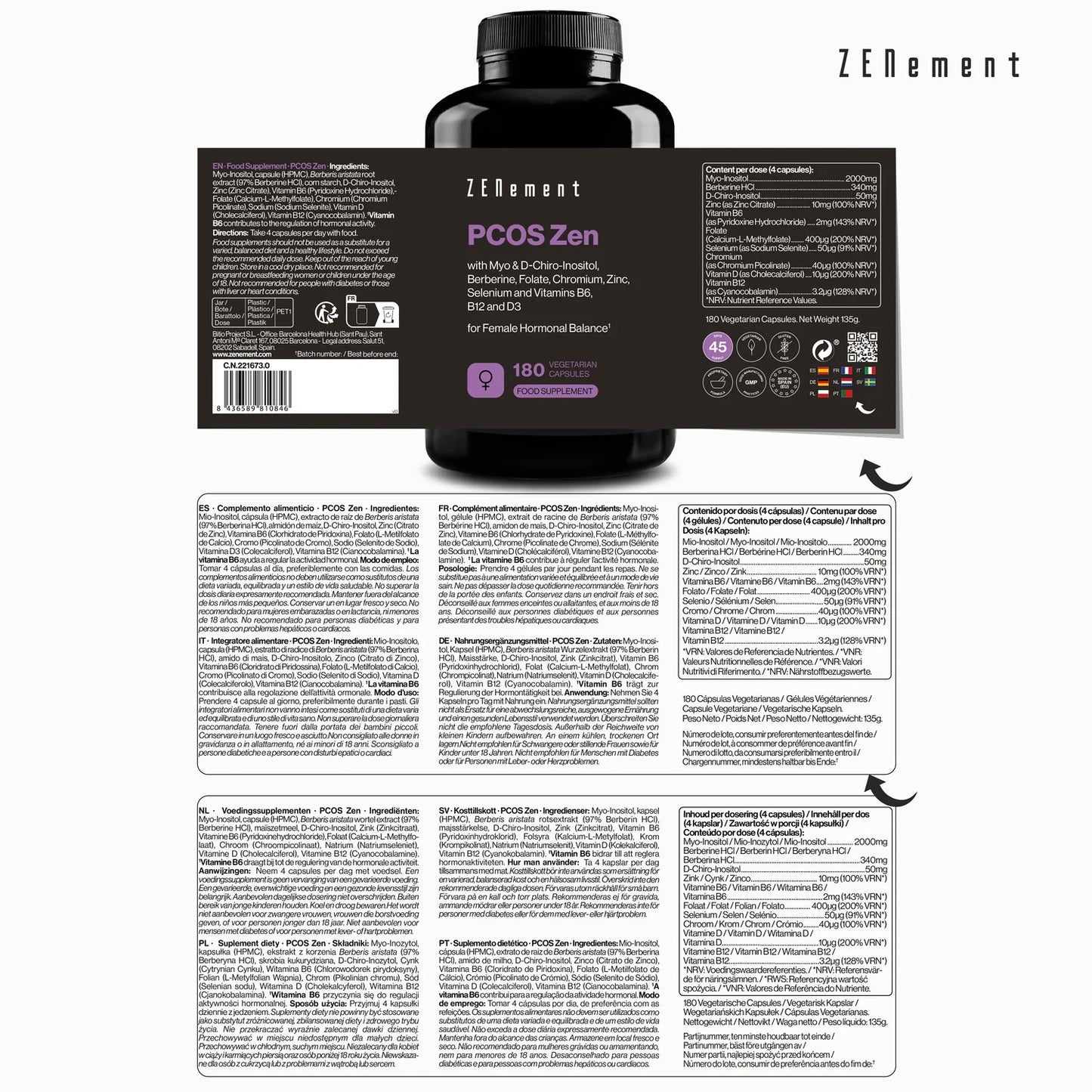 PCOS Zen con Myo y D-Chiro Inositol, Berberina, Folato, Cromo, Zinc, Selenio y Vitaminas B6, B12 y D3 - 180 Cápsulas Vegetarianas