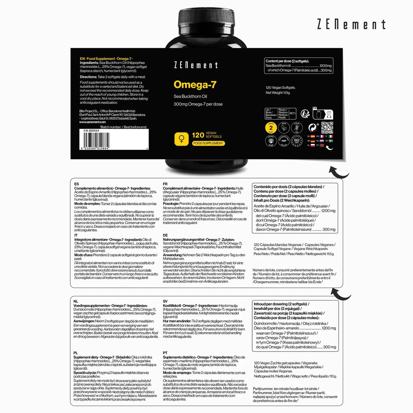 Omega 7 Aceite de Espino Amarillo - 120 cápsulas Zenement