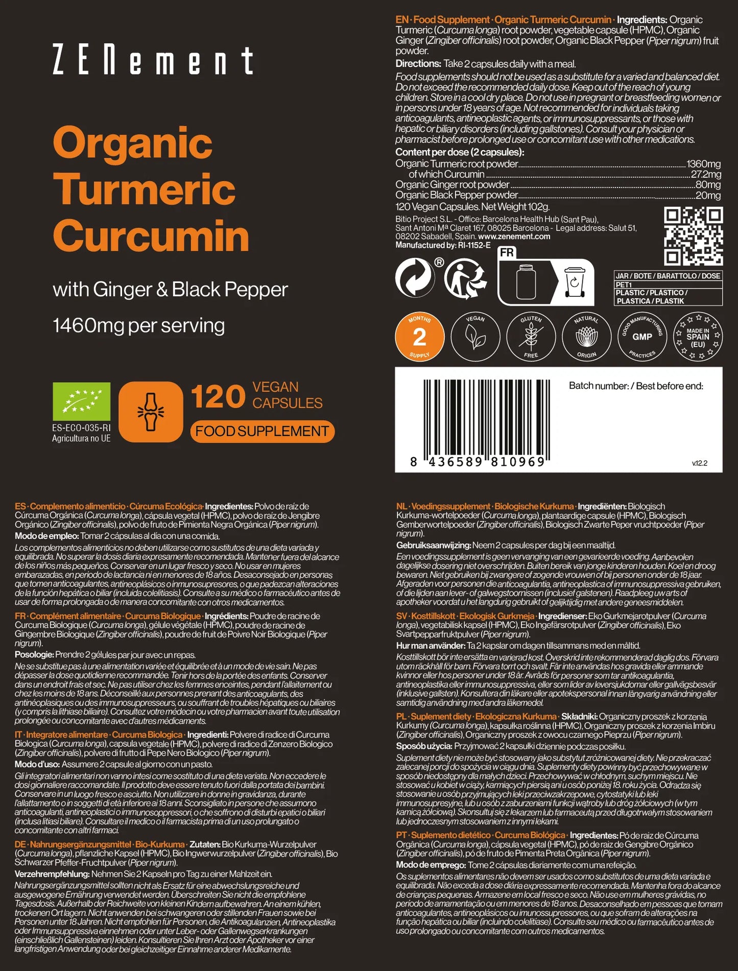 Cúrcuma Ecológica con Pimienta Negra y Jengibre - 120 caps Zenement