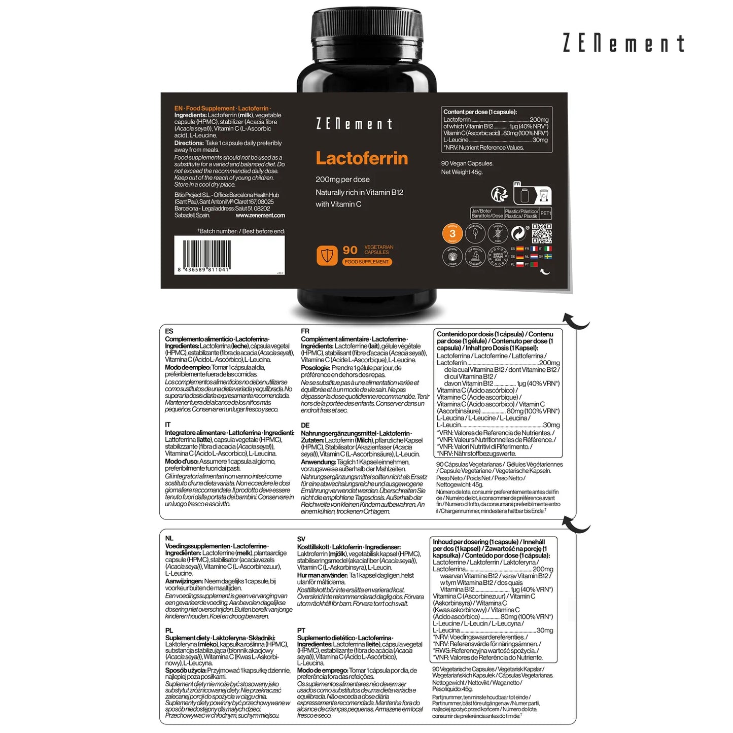 Lactoferrina 200mg - 90 cápsulas Zenement