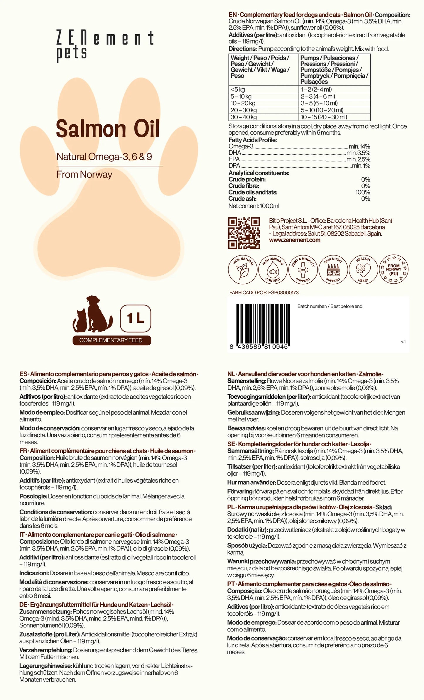 Aceite de Salmón Omega 3-6 y 9 - 1 litro Zenement