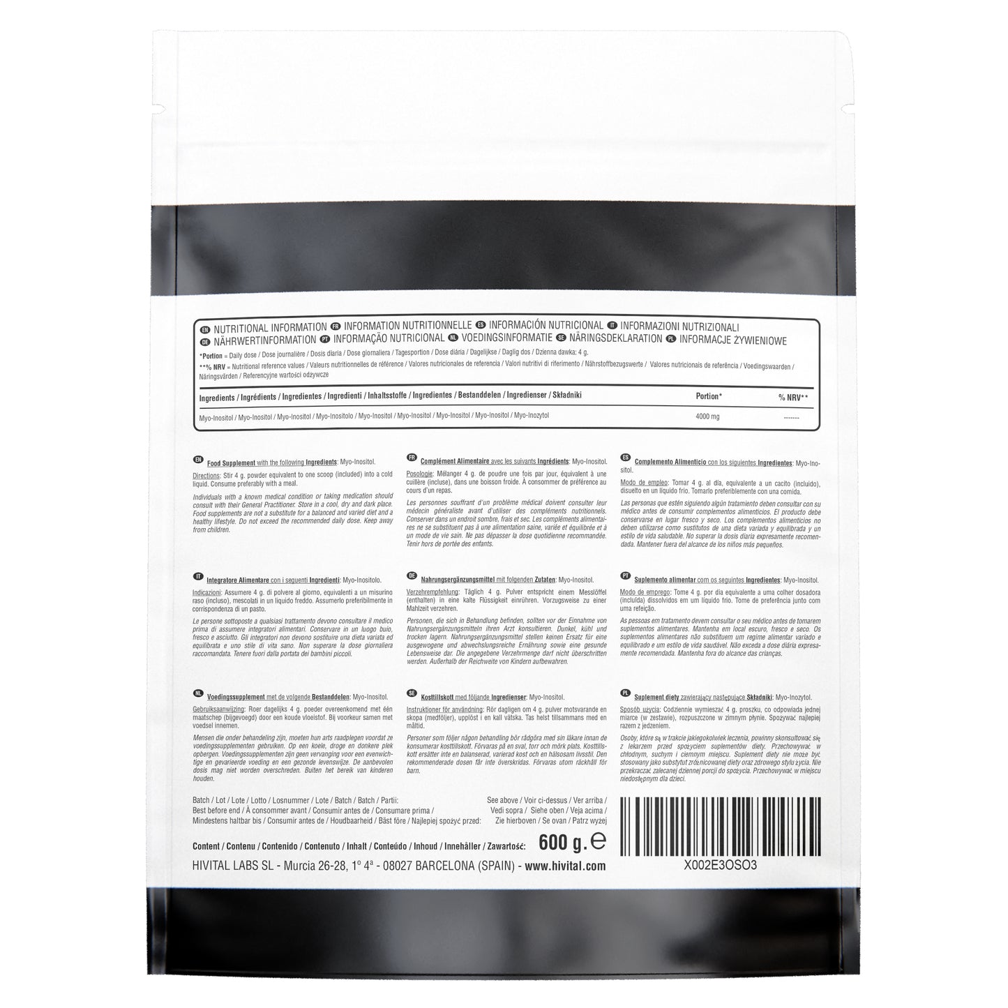 Myo-Inositol 4000 mg - 600 gramos de polvo vegano