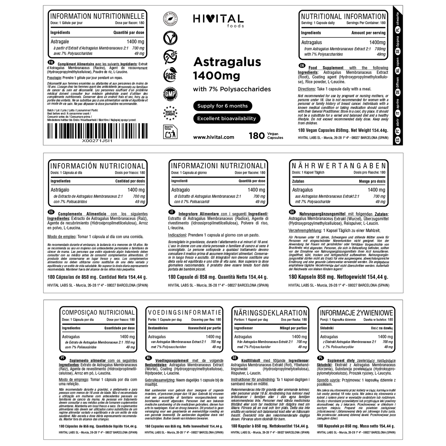 Astrágalo 1400 mg - 180 cápsulas veganas