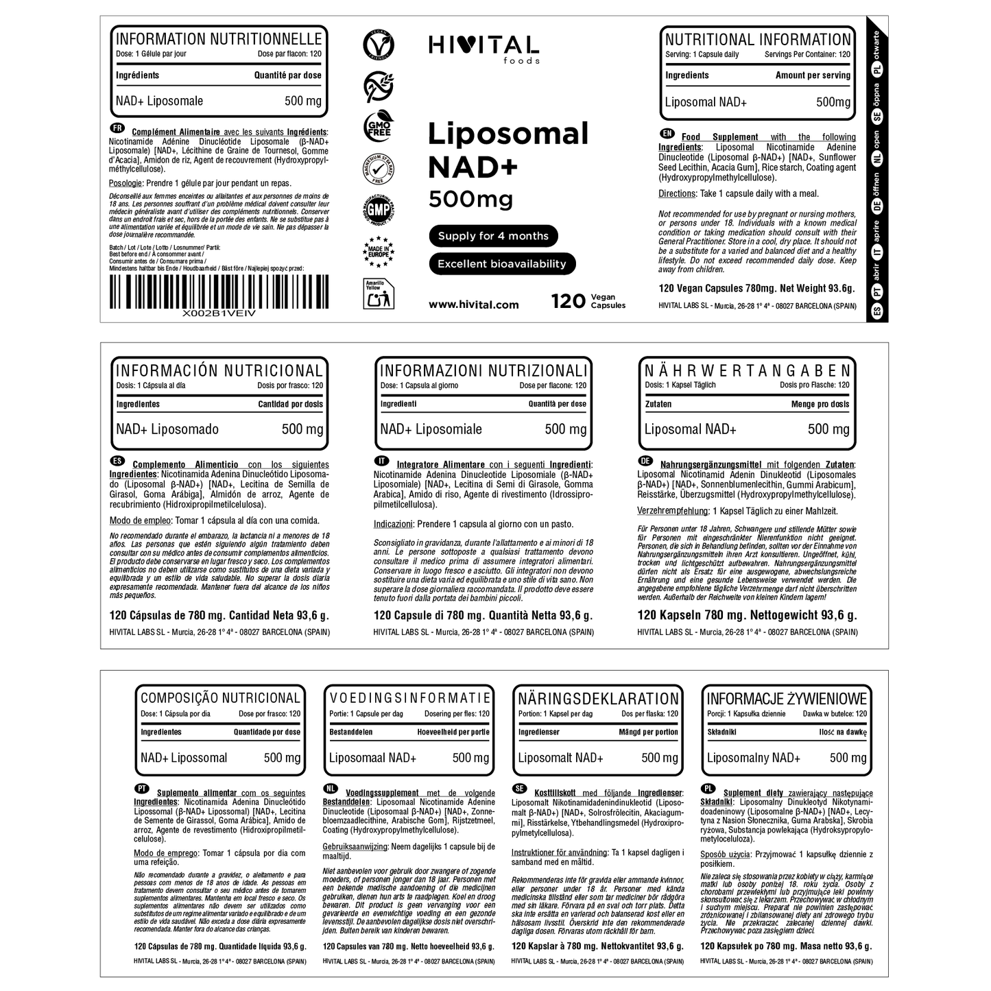 NAD+ Liposomal 500 mg - 120 cápsulas veganas