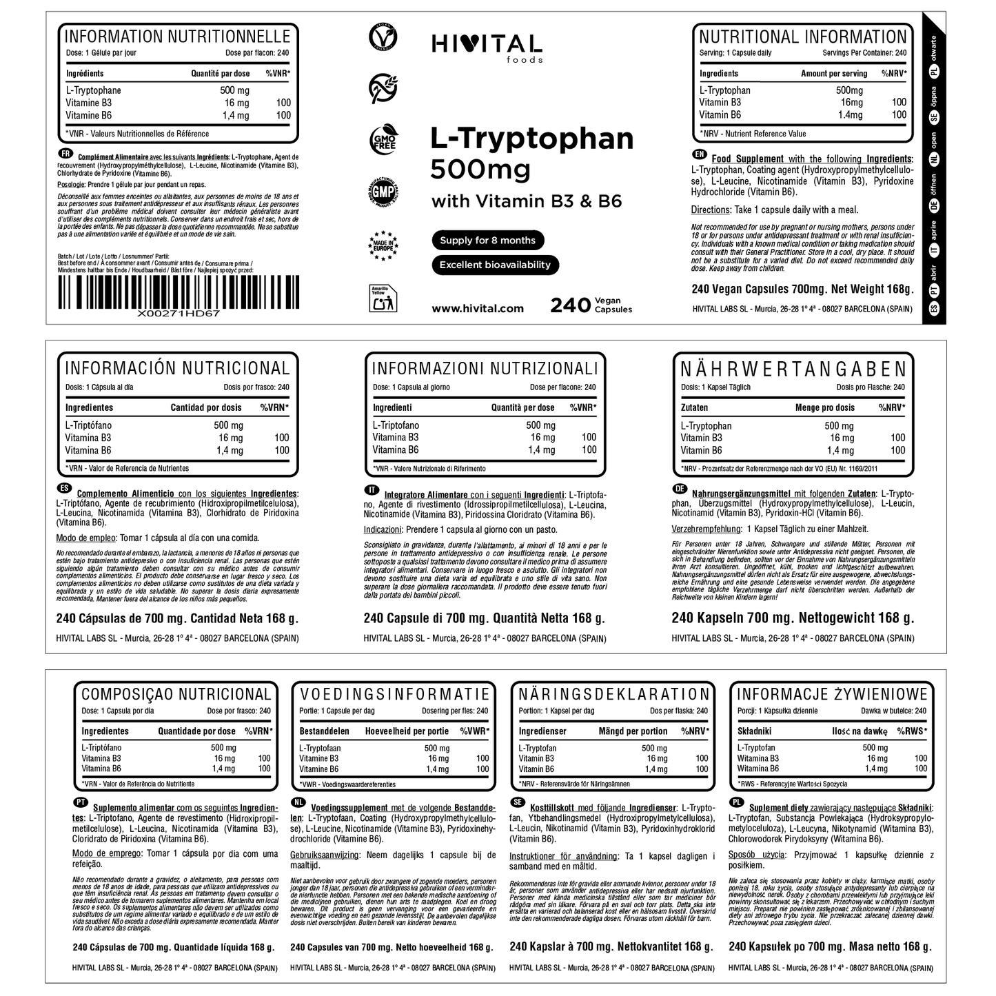L-Triptófano 500 mg - 240 cápsulas veganas