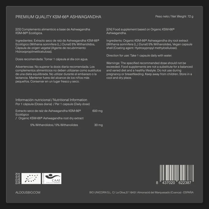 Extracto de Raíz de Ashwagandha KSM-66 ® Ecológico - 100 cáps