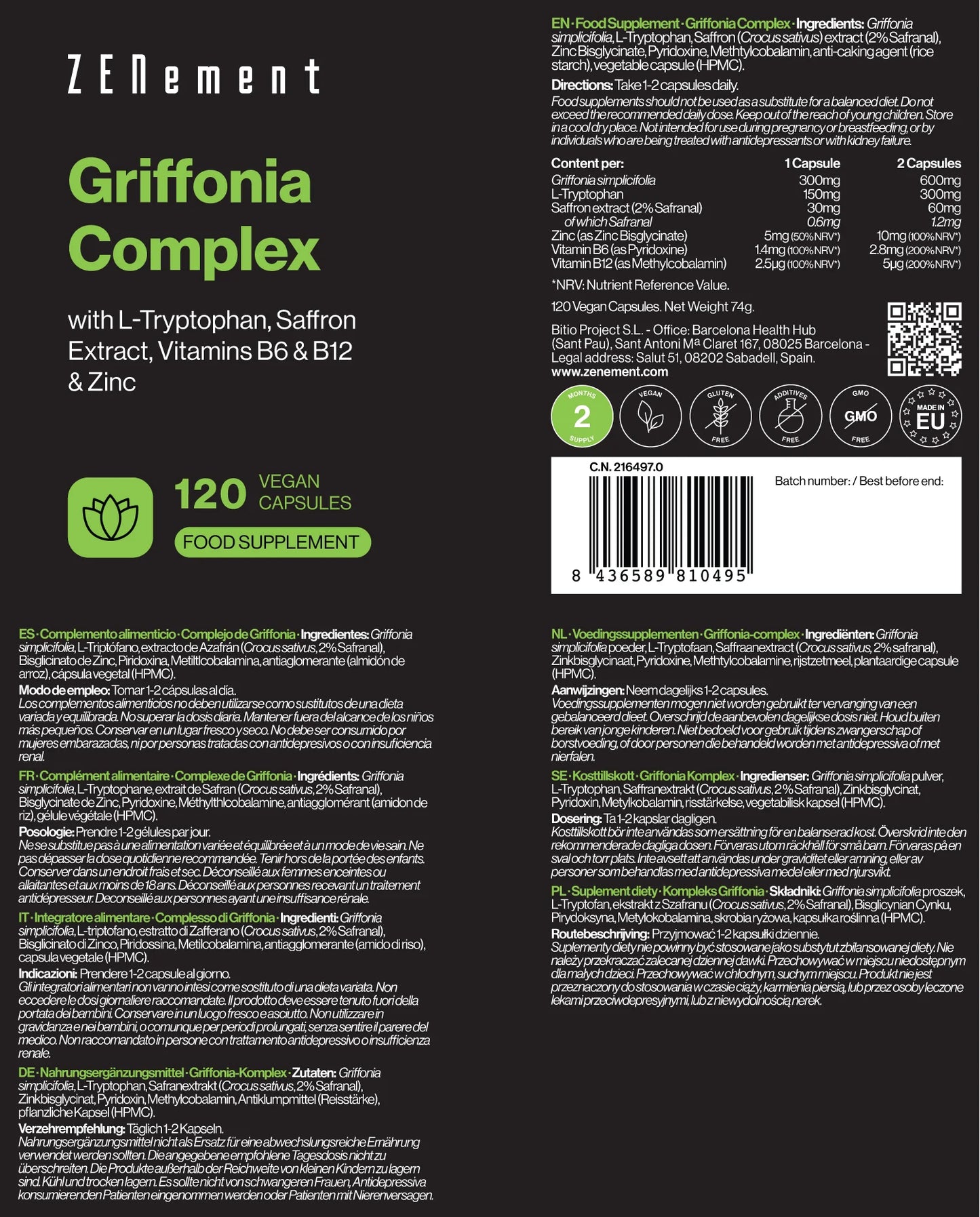 Complejo de Griffonia con L-Triptófano, Extracto de Azafrán, B6, B12 y Zinc - 120 Cápsulas