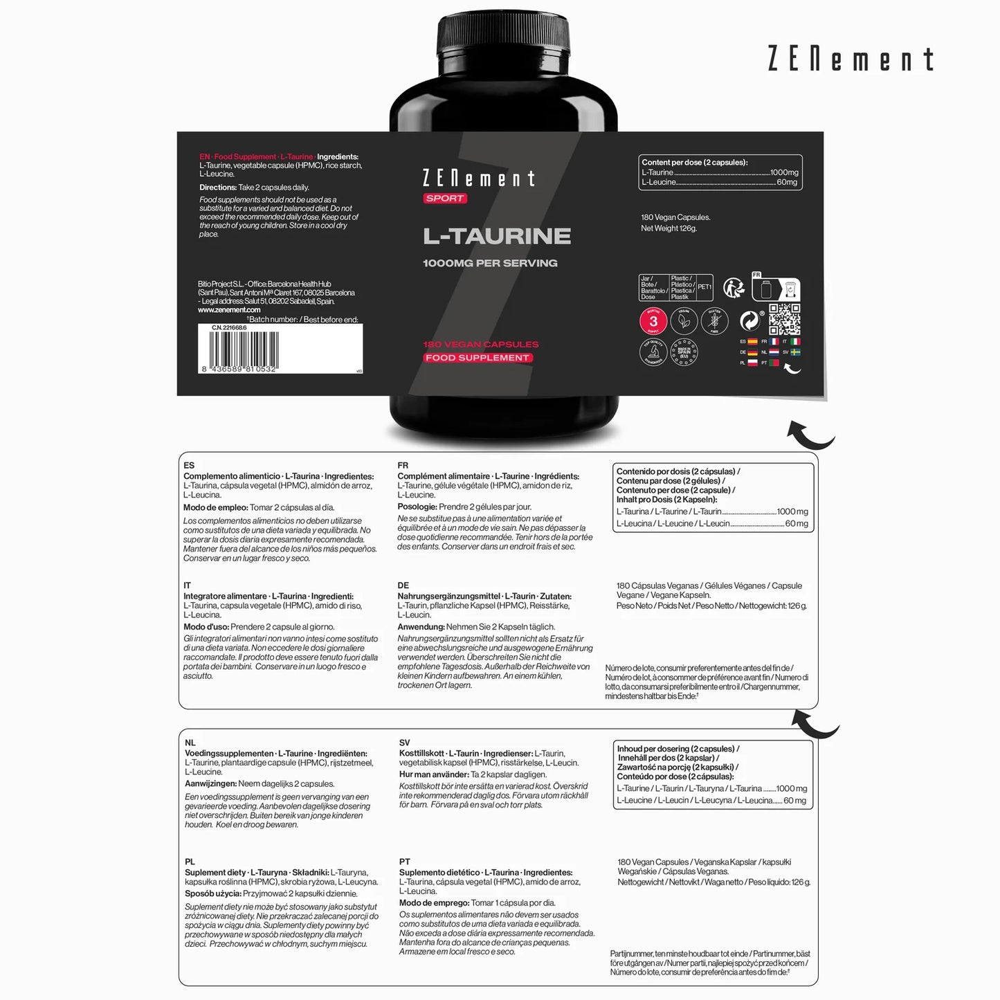 L-Taurina 500mg - 180 cápsulas Zenement