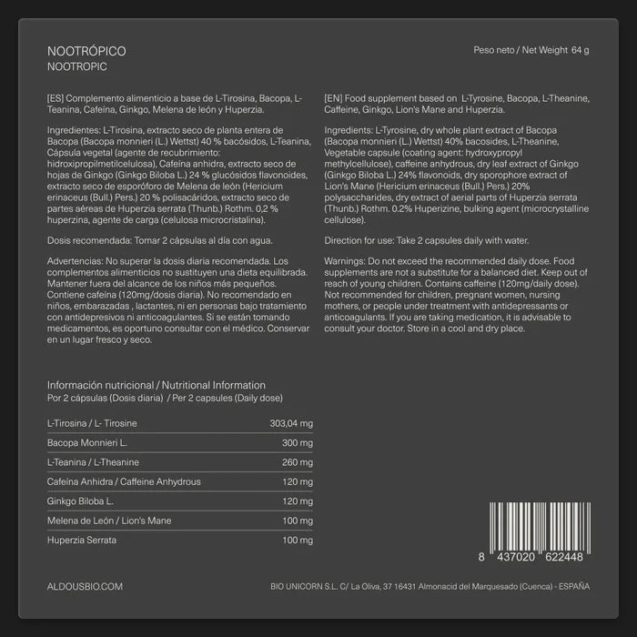 Nootrópico natural con ginkgo biloba, bacopa, tirosina y teanina - 80 caps